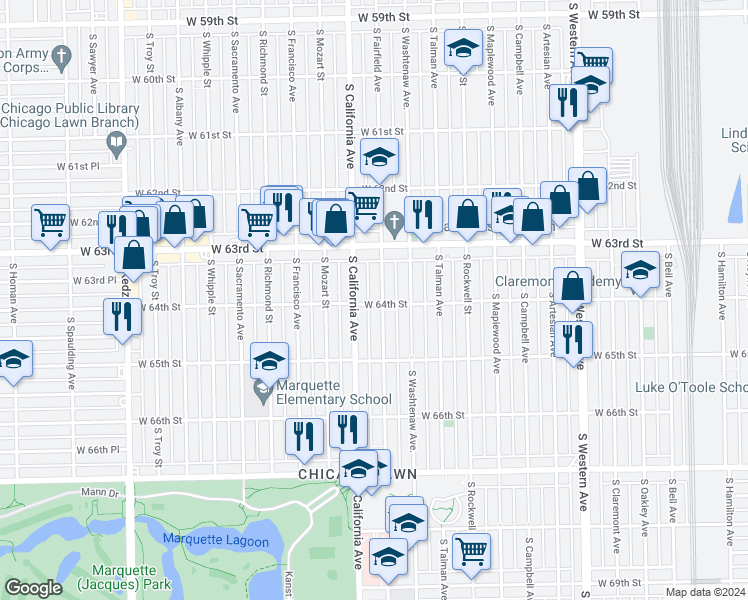 map of restaurants, bars, coffee shops, grocery stores, and more near 6335 South California Avenue in Chicago