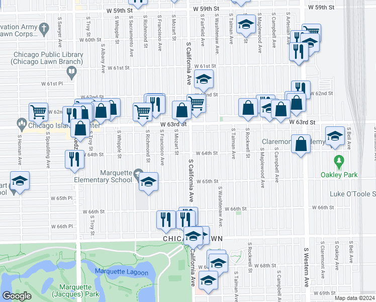 map of restaurants, bars, coffee shops, grocery stores, and more near 6335 South California Avenue in Chicago