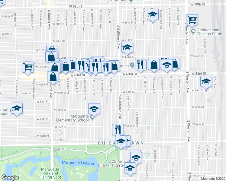 map of restaurants, bars, coffee shops, grocery stores, and more near in Chicago