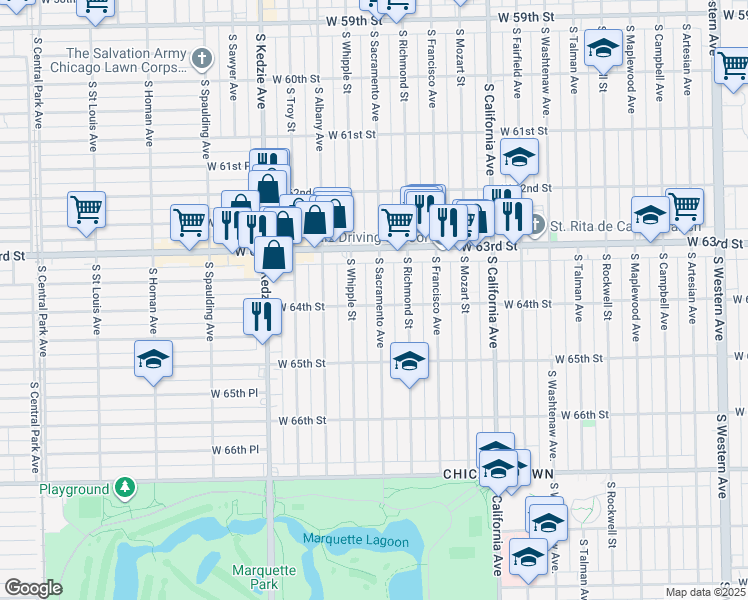 map of restaurants, bars, coffee shops, grocery stores, and more near 6333 South Whipple Street in Chicago