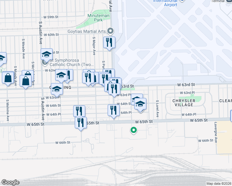 map of restaurants, bars, coffee shops, grocery stores, and more near 5607 West 63rd Street in Chicago