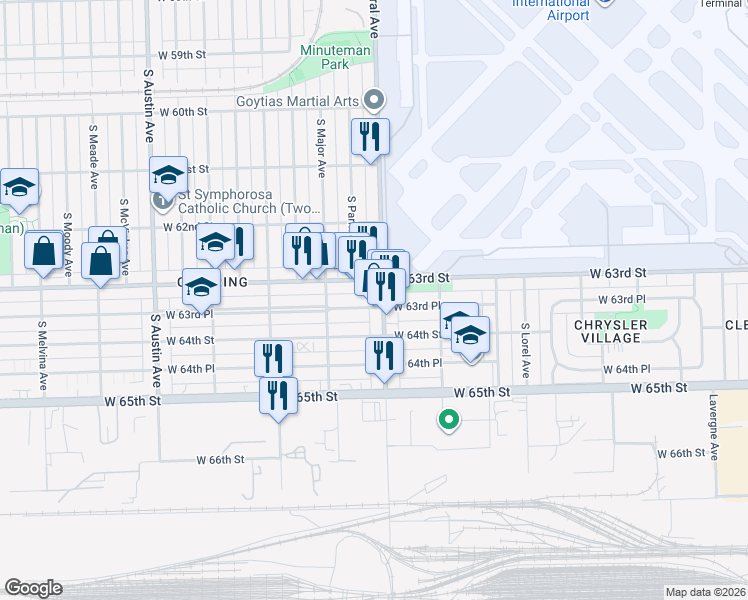 map of restaurants, bars, coffee shops, grocery stores, and more near 5607 West 63rd Street in Chicago