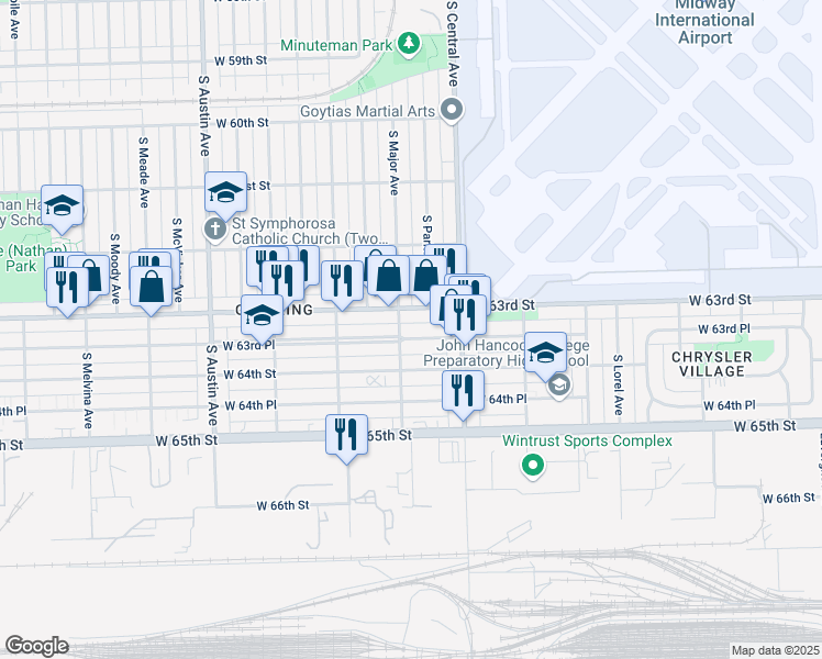 map of restaurants, bars, coffee shops, grocery stores, and more near 5646 West 63rd Street in Chicago