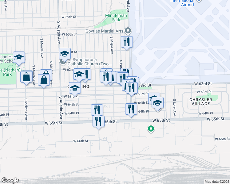 map of restaurants, bars, coffee shops, grocery stores, and more near 5643 West 63rd Street in Chicago