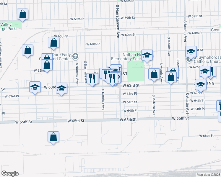 map of restaurants, bars, coffee shops, grocery stores, and more near 6434 West 63rd Street in Chicago