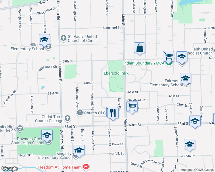 map of restaurants, bars, coffee shops, grocery stores, and more near 1100 60th Place in Downers Grove