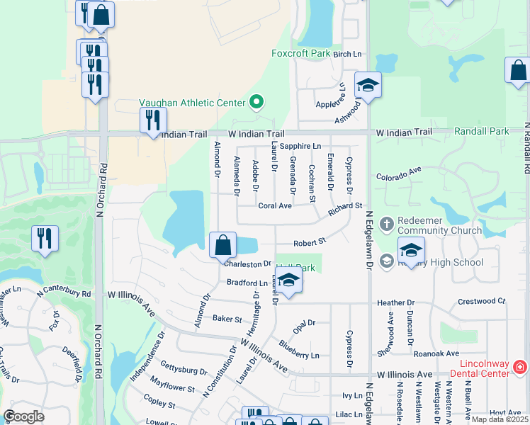 map of restaurants, bars, coffee shops, grocery stores, and more near 2021 Coral Avenue in Aurora