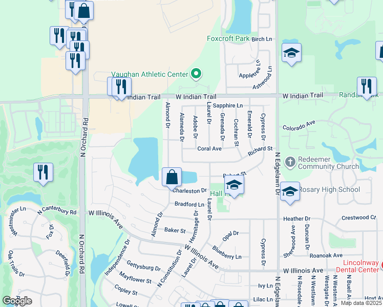 map of restaurants, bars, coffee shops, grocery stores, and more near 1050 Adobe Drive in Aurora