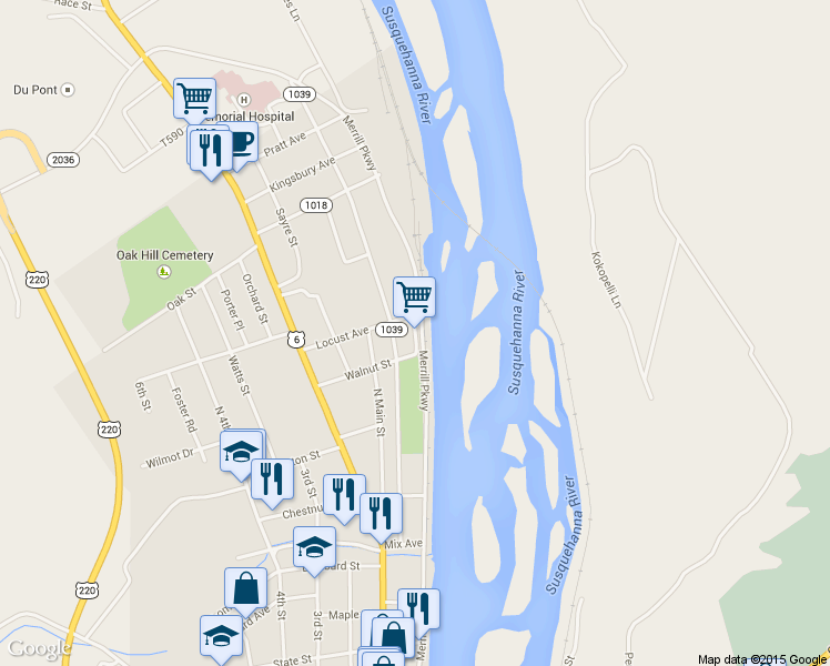 map of restaurants, bars, coffee shops, grocery stores, and more near North River Street in Towanda