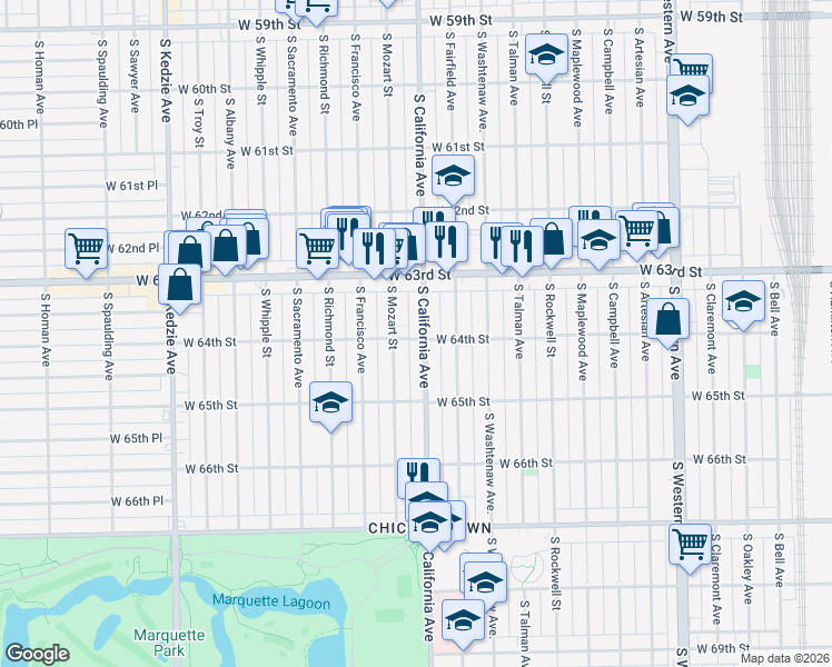 map of restaurants, bars, coffee shops, grocery stores, and more near 2804 West 64th Street in Chicago