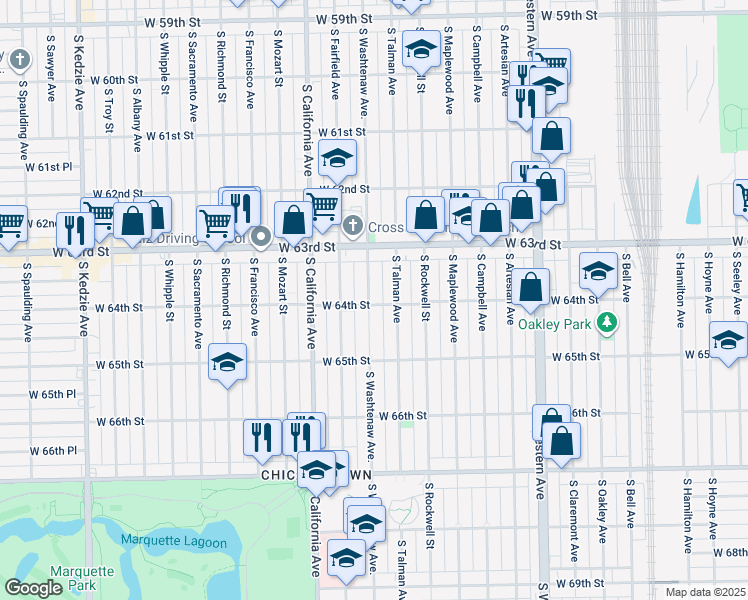 map of restaurants, bars, coffee shops, grocery stores, and more near 6355 South Washtenaw Avenue in Chicago