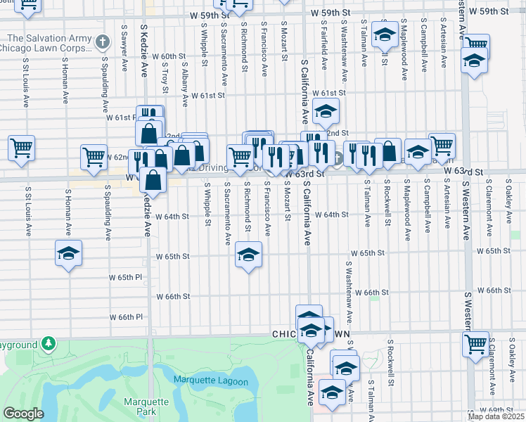 map of restaurants, bars, coffee shops, grocery stores, and more near 6356 South Francisco Avenue in Chicago
