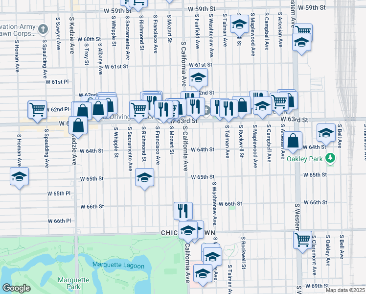 map of restaurants, bars, coffee shops, grocery stores, and more near 6335 South California Avenue in Chicago