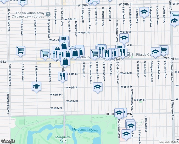 map of restaurants, bars, coffee shops, grocery stores, and more near 6333 South Whipple Street in Chicago