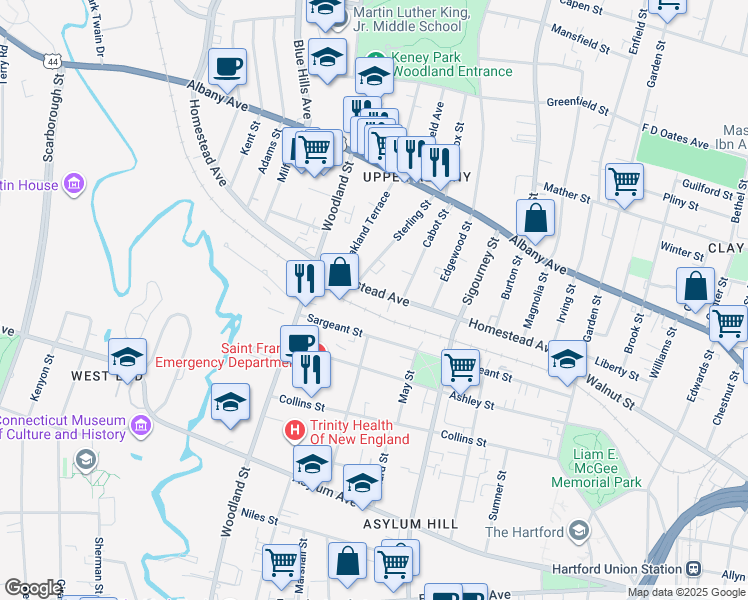 map of restaurants, bars, coffee shops, grocery stores, and more near 3 Sterling Street in Hartford