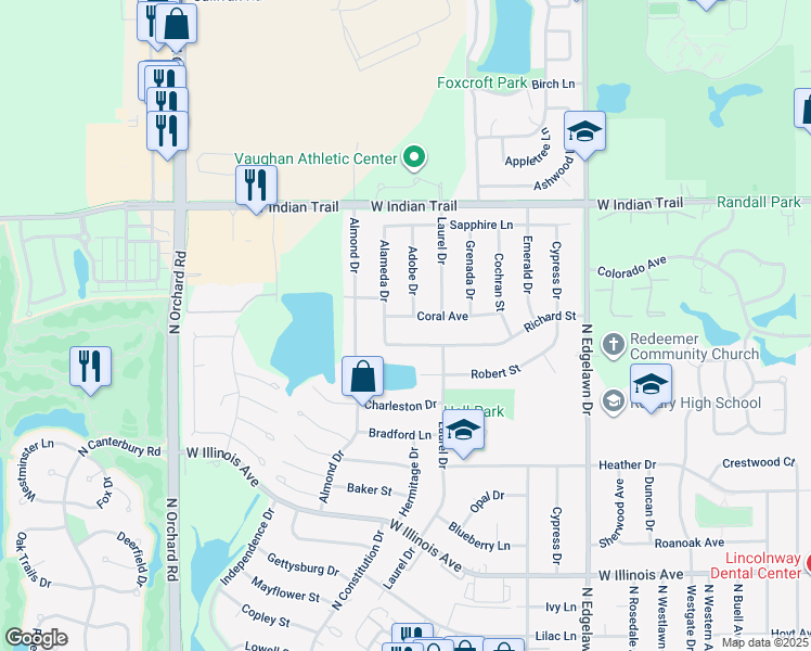 map of restaurants, bars, coffee shops, grocery stores, and more near 1050 Adobe Drive in Aurora