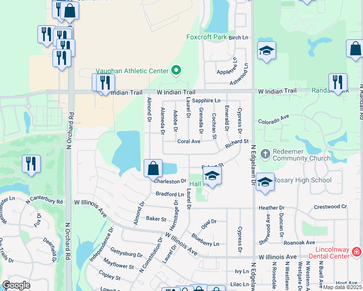 map of restaurants, bars, coffee shops, grocery stores, and more near 2021 Coral Avenue in Aurora