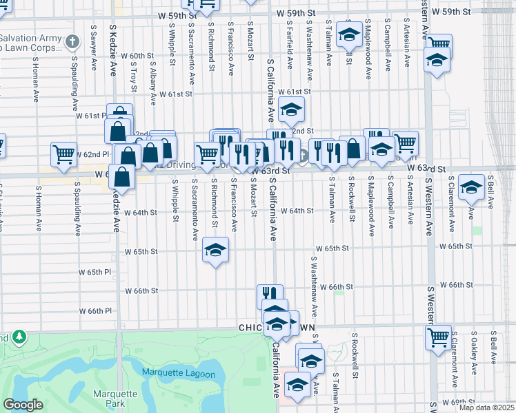 map of restaurants, bars, coffee shops, grocery stores, and more near 6359 South Mozart Street in Chicago