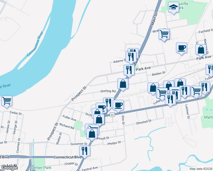 map of restaurants, bars, coffee shops, grocery stores, and more near 52 Stanley Street in East Hartford