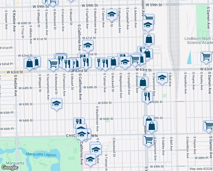 map of restaurants, bars, coffee shops, grocery stores, and more near 6359 South Talman Avenue in Chicago