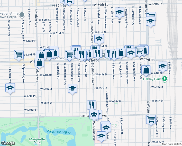 map of restaurants, bars, coffee shops, grocery stores, and more near 6356 South California Avenue in Chicago