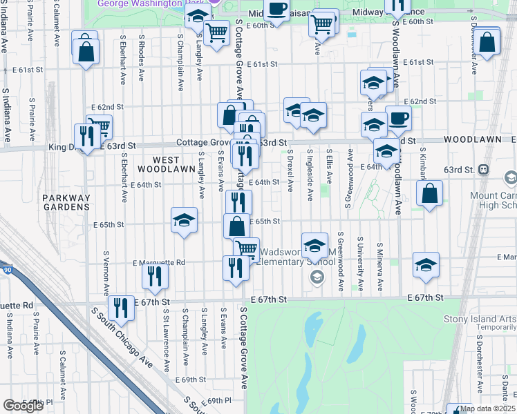 map of restaurants, bars, coffee shops, grocery stores, and more near 6438 South Maryland Avenue in Chicago