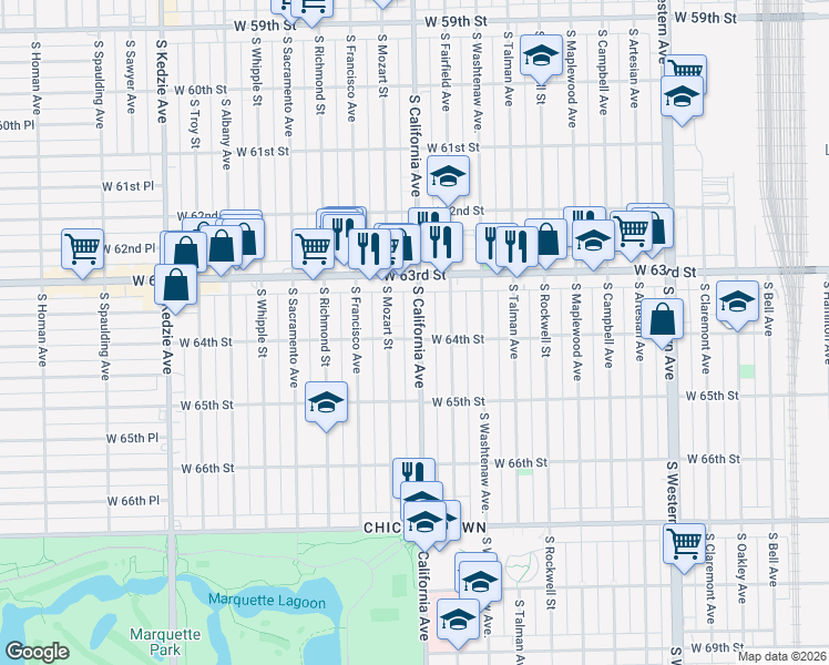map of restaurants, bars, coffee shops, grocery stores, and more near 6358 South California Avenue in Chicago