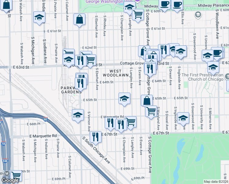 map of restaurants, bars, coffee shops, grocery stores, and more near 6417 South Saint Lawrence Avenue in Chicago