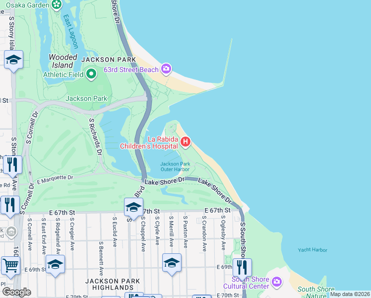 map of restaurants, bars, coffee shops, grocery stores, and more near 6501 South Promontory Drive in Chicago