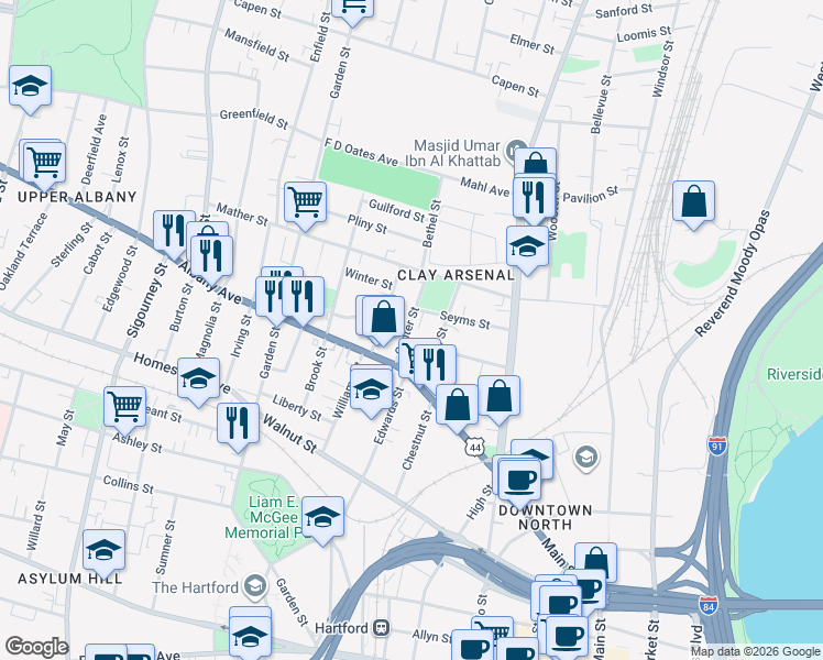 map of restaurants, bars, coffee shops, grocery stores, and more near 32 Center Street in Hartford