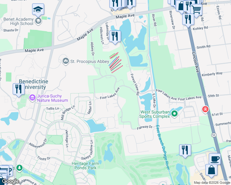 map of restaurants, bars, coffee shops, grocery stores, and more near 1811 Four Lakes Avenue in Lisle