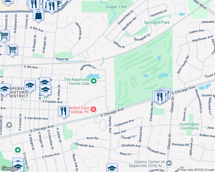map of restaurants, bars, coffee shops, grocery stores, and more near 1155 Timberlane Court in Naperville