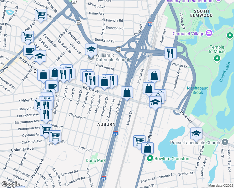 map of restaurants, bars, coffee shops, grocery stores, and more near 96 North Clarendon Street in Cranston