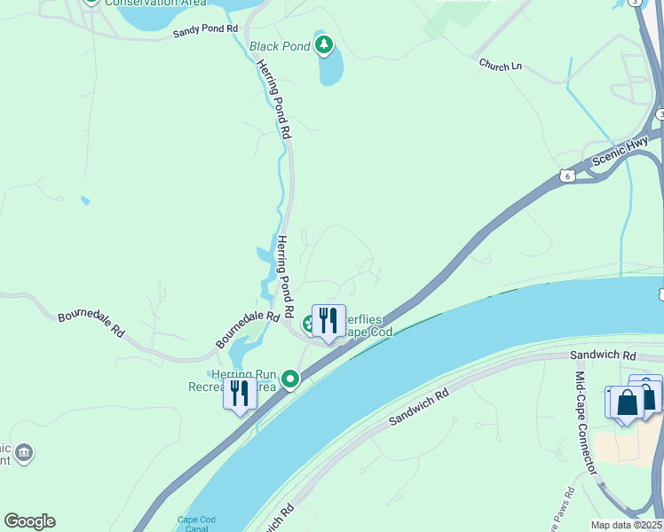 map of restaurants, bars, coffee shops, grocery stores, and more near 1 Juniper Lane in Bourne