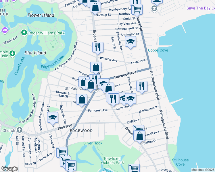 map of restaurants, bars, coffee shops, grocery stores, and more near in Cranston