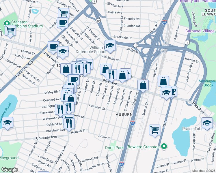 map of restaurants, bars, coffee shops, grocery stores, and more near 758 Park Avenue in Cranston