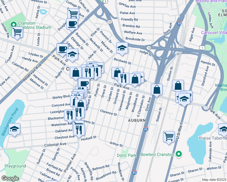map of restaurants, bars, coffee shops, grocery stores, and more near 758 Park Avenue in Cranston