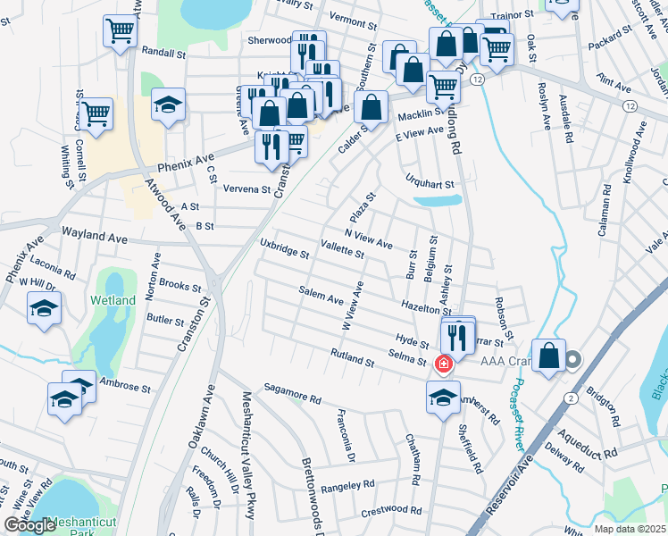 map of restaurants, bars, coffee shops, grocery stores, and more near 99 Vallette Street in Cranston