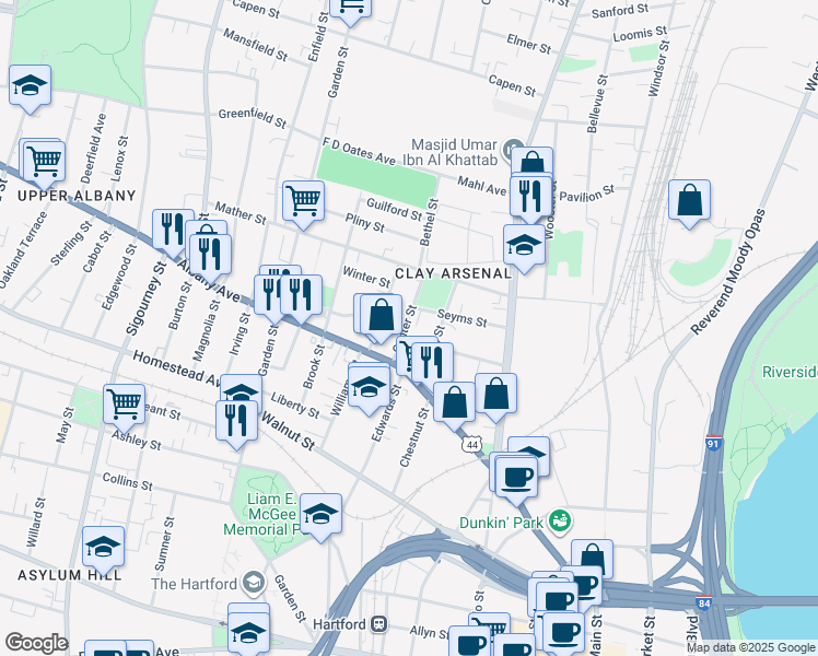 map of restaurants, bars, coffee shops, grocery stores, and more near 48 Green Street in Hartford