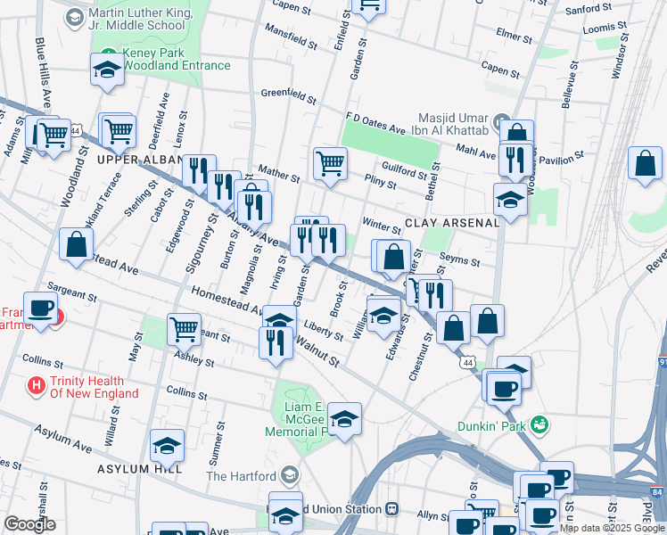 map of restaurants, bars, coffee shops, grocery stores, and more near 444 Albany Avenue in Hartford