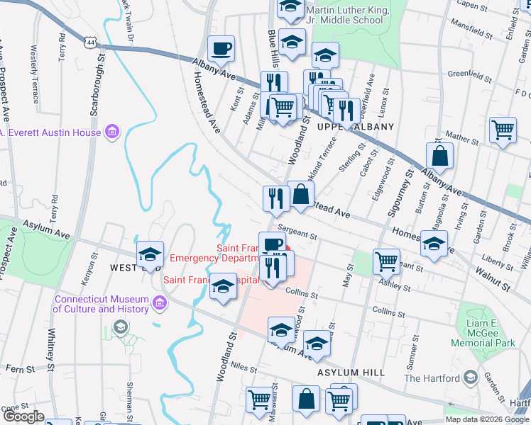 map of restaurants, bars, coffee shops, grocery stores, and more near 38 Woodland Drive in Hartford