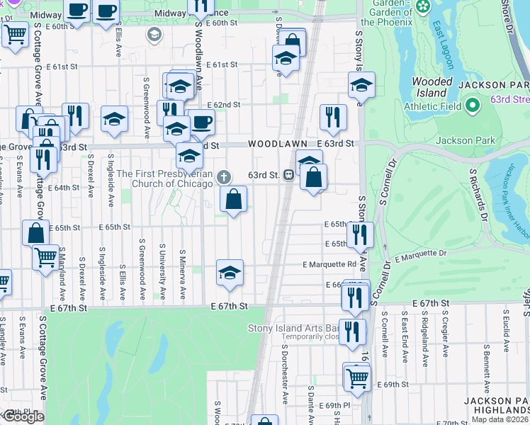 map of restaurants, bars, coffee shops, grocery stores, and more near 6423 South Kenwood Avenue in Chicago