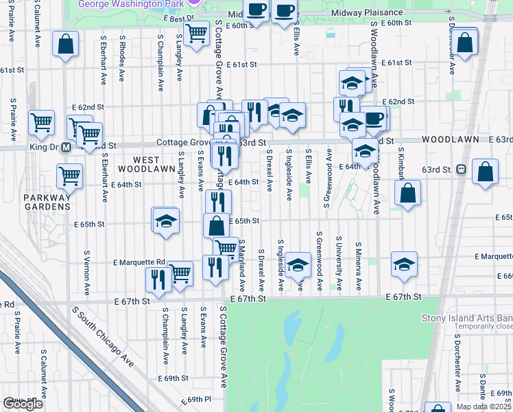 map of restaurants, bars, coffee shops, grocery stores, and more near 6418 South Drexel Avenue in Chicago
