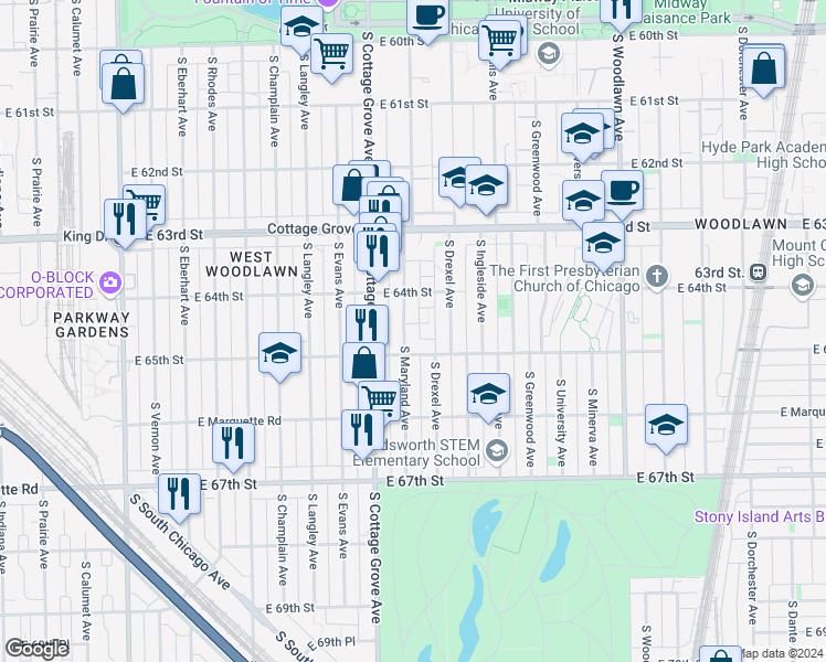 map of restaurants, bars, coffee shops, grocery stores, and more near 6452 South Maryland Avenue in Chicago