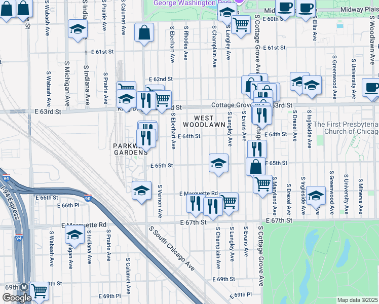 map of restaurants, bars, coffee shops, grocery stores, and more near 6415 South Rhodes Avenue in Chicago