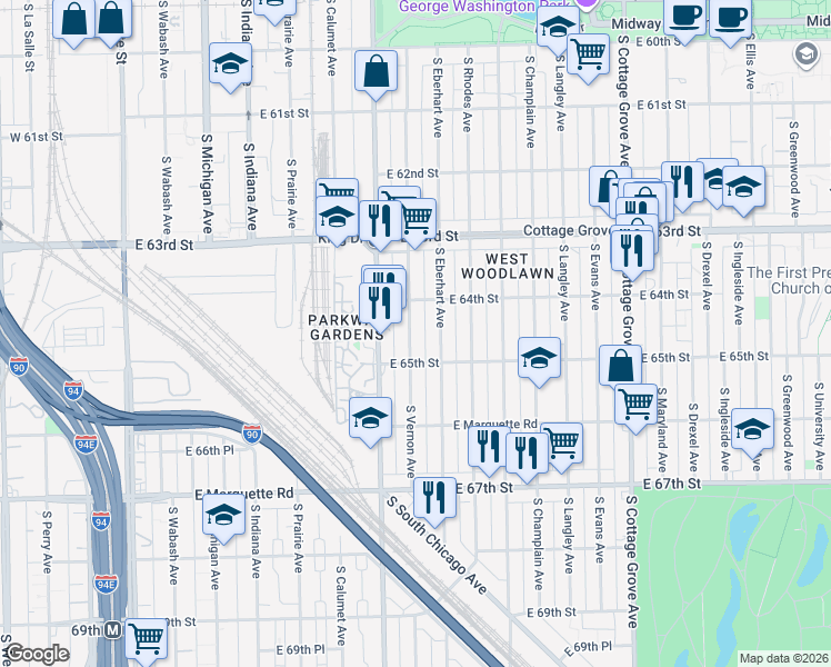 map of restaurants, bars, coffee shops, grocery stores, and more near 6416 South Eberhart Avenue in Chicago