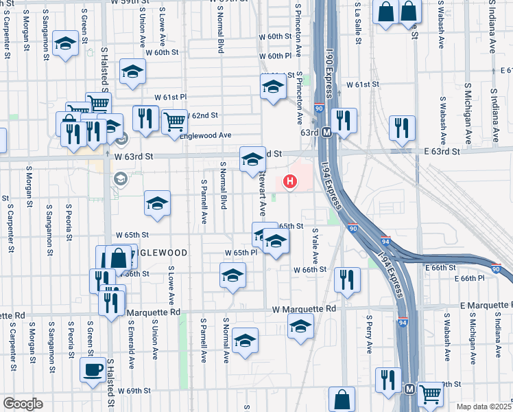 map of restaurants, bars, coffee shops, grocery stores, and more near 6403 South Eggleston Avenue in Chicago