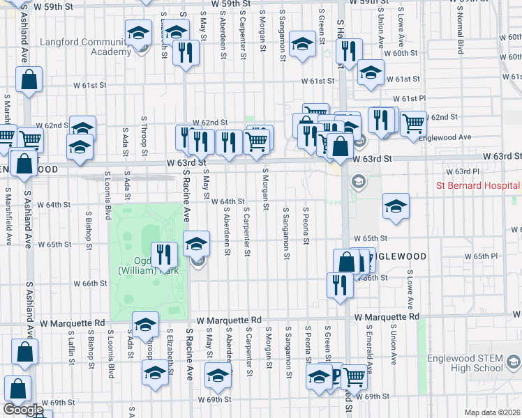 map of restaurants, bars, coffee shops, grocery stores, and more near 6359 South Morgan Street in Chicago