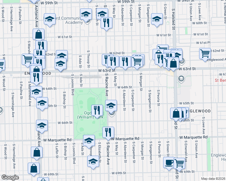 map of restaurants, bars, coffee shops, grocery stores, and more near 1150 West 64th Street in Chicago