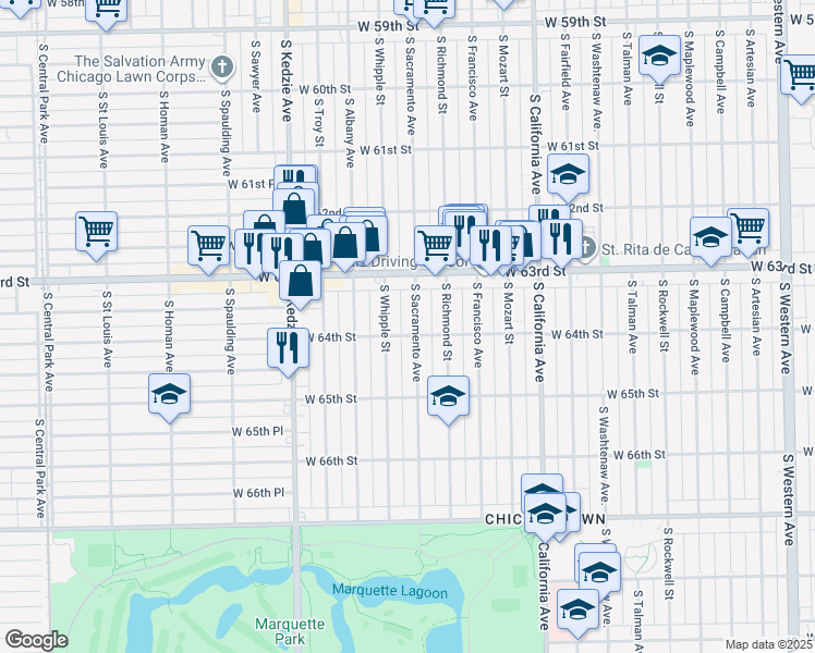 map of restaurants, bars, coffee shops, grocery stores, and more near 6333 South Whipple Street in Chicago